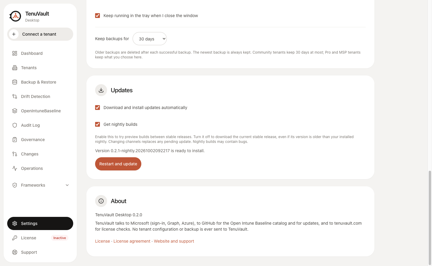 TenuVault 0.2.0 on macOS with Get nightly builds enabled and the nightly update ready to install