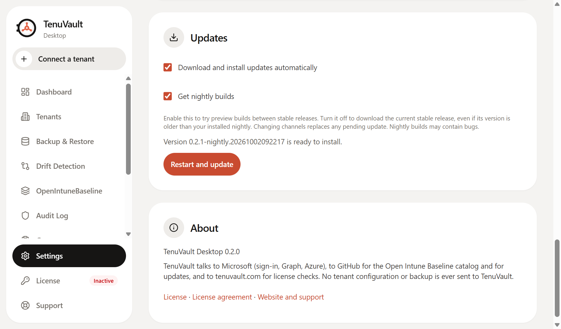 TenuVault 0.2.0 on Windows with Get nightly builds enabled and the nightly update ready to install